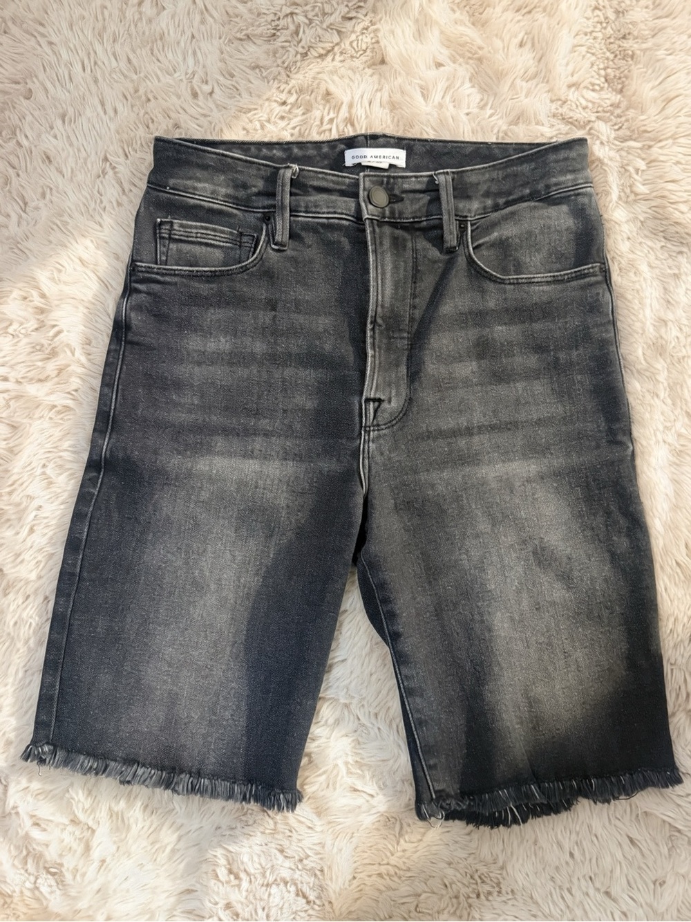 Good American Black Washed Frayed Hem Denim Shorts